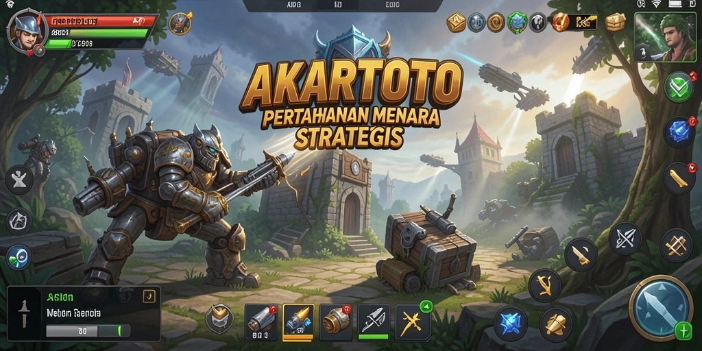 Tampilan gameplay menakjubkan dari AKARTOTO dengan menara yang berfungsi optimal.