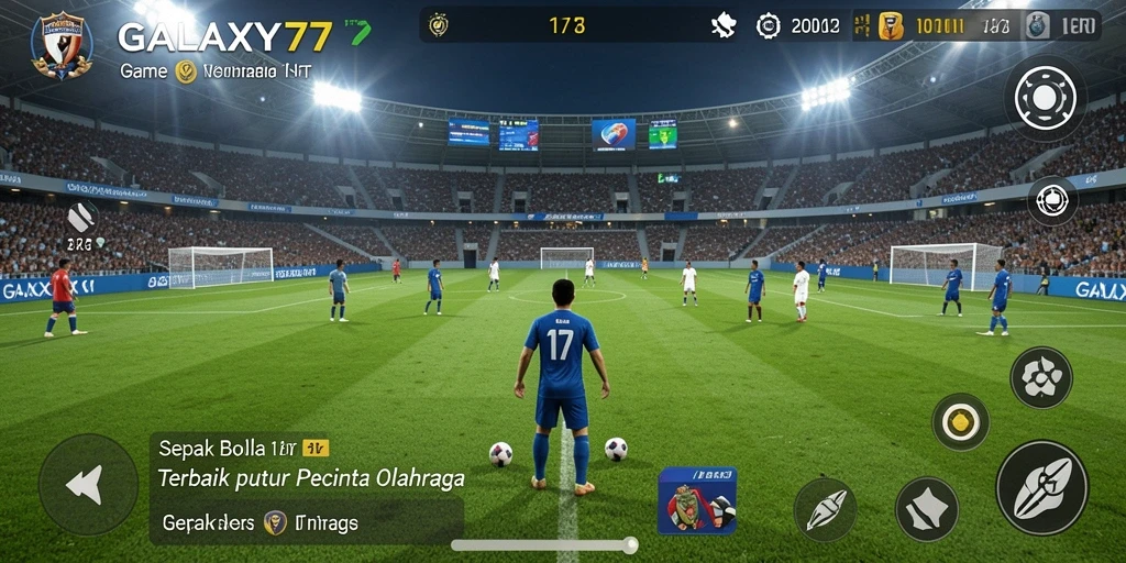 Tangkapan layar gameplay GALAXY77 menampilkan pertandingan sepak bola yang penuh aksi.