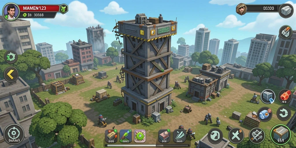 Screenshot utama MAMEN123 menampilkan aksi pertahanan menara yang intens.