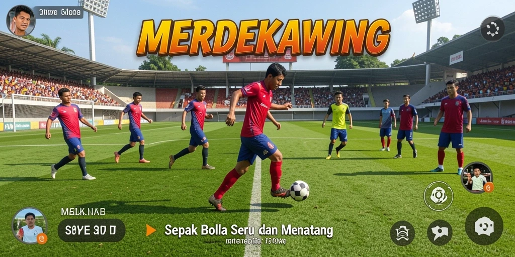Tangkapan layar utama MERDEKAWING menampilkan aksi permainan sepak bola yang mendebarkan.